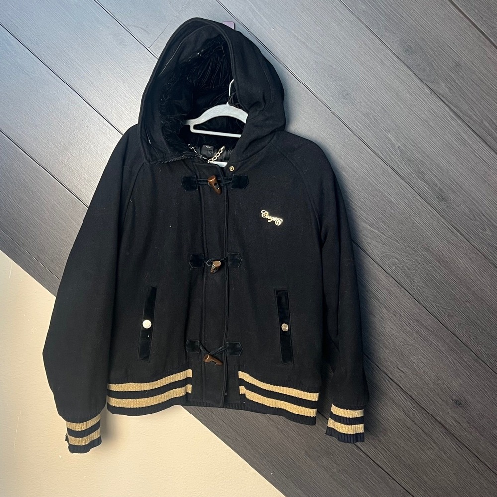 Coogi Australia Women's Duffle Coat Hooded Toggle Black Gold Size 1X FAIR/FLAWS
